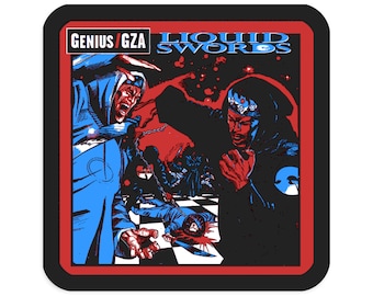 May include: A black and red square patch with the text "Genius/GZA Liquid Swords" at the top. The image features a comic book style illustration of two figures in a fight scene. One figure is wearing a blue hooded robe and the other is wearing a black hooded robe. The background is a red and black checkered pattern.
