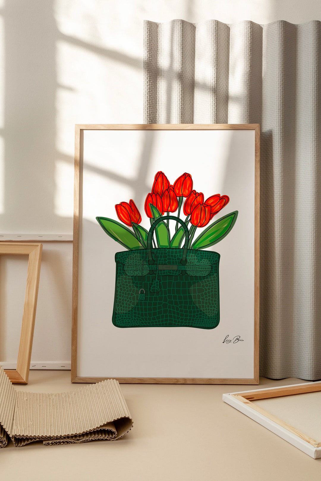 Hermes Birkin Emerald Crocodile Bag Vase, Quirky Fashion Wall Art