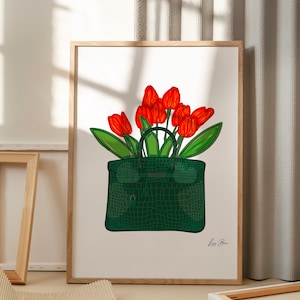 Jarrón con forma de cocodrilo y esmeralda de Hermes Birkin, arte mural de moda peculiar, arte floral, arte pop intenso, arte mural, pieza llamativa de lujo, Boss Babe