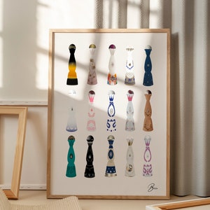 May include: A framed print showcasing a series of decorative bottle illustrations. The bottles are depicted with diverse designs and colours. The artwork is presented in a light-toned room, with a neutral backdrop.