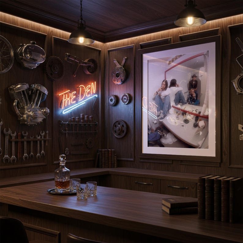 Pode incluir: Um covil com pouca luz com pain&eacute;is de madeira escura e um bar. A parede apresenta pe&ccedil;as de motocicletas vintage, ferramentas e uma placa de n&eacute;on que diz "THE DEN". Uma imagem emoldurada est&aacute; pendurada na parede. Uma jarra e copos est&atilde;o no bar.