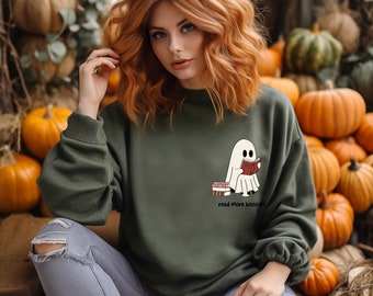 Book Ghost, Librarian Book Lover Halloween Crewneck Pocket Sized Ghost Sweatshirt, Read More BOOKS Spooky Season Pullover, Teacher Fall Gift