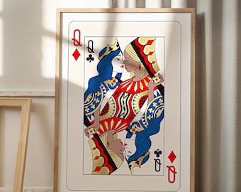 Retro Print Queen Spades & Queen Diamonds Card Poster - Vintage Art - Contemporary Art - Digital Download - Wall Decor