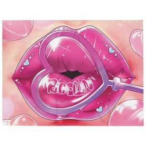 May include: Pink lips blowing a heart-shaped bubble with the word "Boo!" inside. The background is pink with small white hearts and blue hearts.