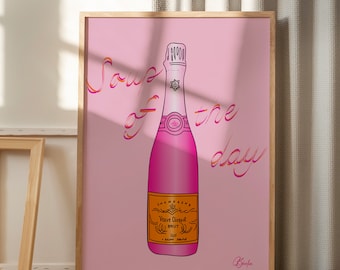 Puede incluir: Ilustración rosa y naranja de una botella de champán con el texto "Soup of the day" sobre un fondo rosa. La etiqueta de la botella de champán dice "Veuve Clicquot Brut".