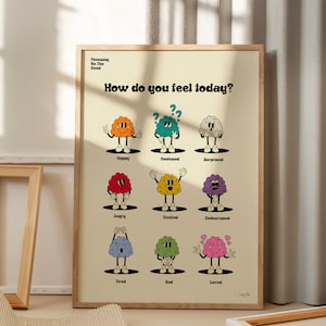 How Are You Feeling? Cloud Mood Art, 70's art print, Retro Feelings Poster, Classroom decor, Mood and Feelings Poster, Emotions Poster