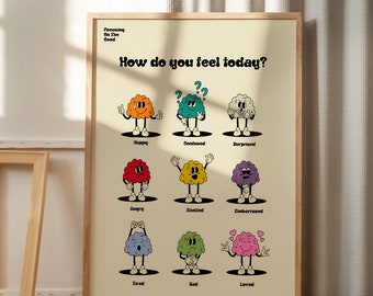 How Are You Feeling? Cloud Mood Art, 70's art print, Retro Feelings Poster, Classroom decor, Mood and Feelings Poster, Emotions Poster