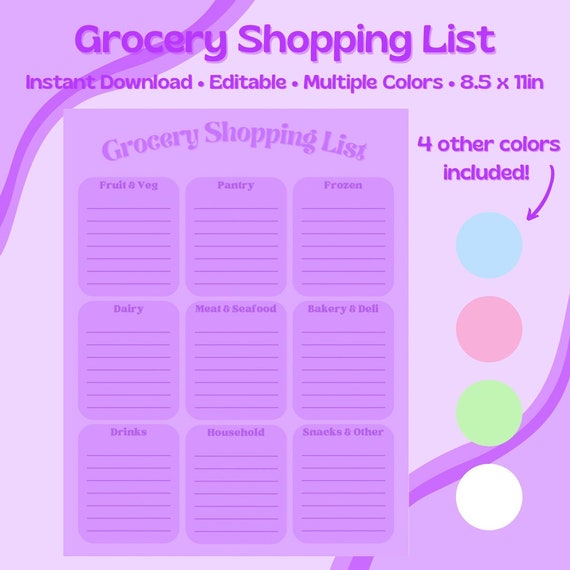 Grocery Shopping List Editable Printable Digital Download Etsy