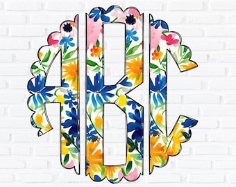 Floral Monogram PNG Set, Scalloped Circle Monogram, Sublimation Design, Complete Alphabet, Spring and Summer Flowers Alpha, Doodle Letters