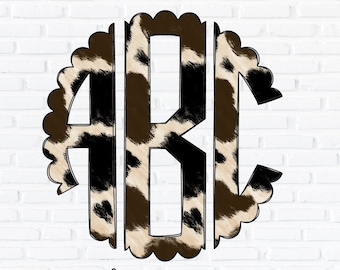 Cowhide Print Monogram PNG Set, Scalloped Circle Monogram, Sublimation Design, Complete Alphabet, Western Monogram Alpha, Doodle Letters