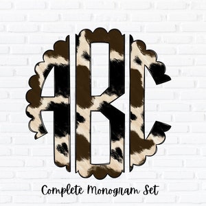 May include: A monogram with the letters A, B, and C in a circle with a brown and black animal print pattern. The text "Complete Monogram Set" is below the monogram.