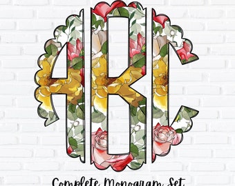Floral Monogram PNG Set, Scalloped Circle Monogram, Sublimation Design, Complete Alphabet, Spring and Summer Flowers Alpha, Doodle Letters