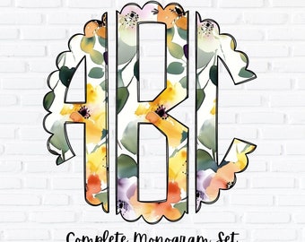 Floral Monogram PNG Set, Scalloped Circle Monogram, Sublimation Design, Complete Alphabet, Spring and Summer Flowers Alpha, Doodle Letters