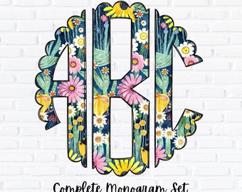 Floral Monogram PNG Set, Scalloped Circle Monogram, Sublimation Design, Complete Alphabet, Spring and Summer Flowers Alpha, Doodle Letters