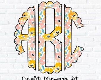 Floral Monogram PNG Set, Scalloped Circle Monogram, Sublimation Design, Complete Alphabet, Spring and Summer Flowers Alpha, Doodle Letters
