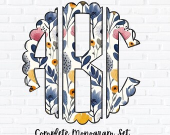 Floral Monogram PNG Set, Scalloped Circle Monogram, Sublimation Design, Complete Alphabet, Spring and Summer Flowers Alpha, Doodle Letters
