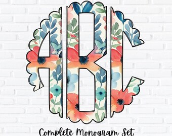 Floral Monogram PNG Set, Scalloped Circle Monogram, Sublimation Design, Complete Alphabet, Spring and Summer Flowers Alpha, Doodle Letters