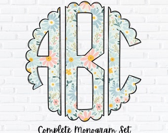 Floral Monogram PNG Set, Scalloped Circle Monogram, Sublimation Design, Complete Alphabet, Spring and Summer Flowers Alpha, Doodle Letters