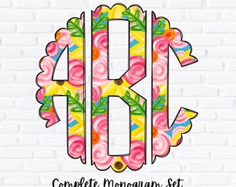 Floral Monogram PNG Set, Scalloped Circle Monogram, Sublimation Design, Complete Alphabet, Spring and Summer Flowers Alpha, Doodle Letters