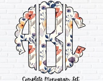 Floral Monogram PNG Set, Scalloped Circle Monogram, Sublimation Design, Complete Alphabet, Spring and Summer Flowers Alpha, Doodle Letters