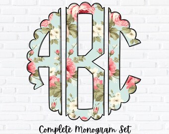 Floral Monogram PNG Set, Scalloped Circle Monogram, Sublimation Design, Complete Alphabet, Spring and Summer Flowers Alpha, Doodle Letters