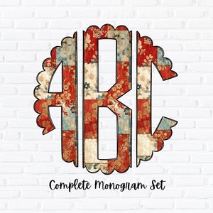 May include: A complete monogram set with the letters A, B, and C. The letters are made of a patchwork fabric with red, white, and blue colors. The letters are outlined in black and have a scalloped edge.