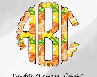 Floral Monogram PNG Set, Scalloped Circle Monogram, Sublimation Design, Complete Alphabet, Spring and Summer Flowers Alpha, Doodle Letters