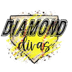 May include: A yellow and red softball with black stitching inside a brown home plate with a white background. The text "DIAMOND divas" is written in black above the softball.