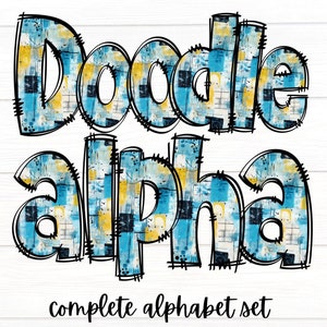Blue and Yellow Doodle Letters, Blue Abstract Design Alpha Set, Alphabet PNG Set, Sublimation Design, Doodle Alpha Set, Digital Alphabet Set