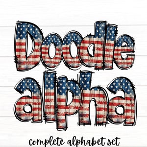 Rustic Flag Doodle Letters PNG Bundle, Patriotic USA Flag Doodle Letters, Hand Drawn Alphabet Doodle, Sublimation Design, Alpha Set