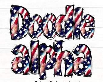 Paquete PNG de letras de garabato de bandera rústica, letras de garabato de bandera patriótica de EE. UU., garabato de alfabeto dibujado a mano, diseño de sublimación, conjunto alfa