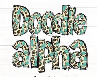 Turquoise Leopard Print Doodle Letters, Animal Print Alpha Set, Alphabet PNG Set, Sublimation Design, Alpha Doodle, Alphabet Letters