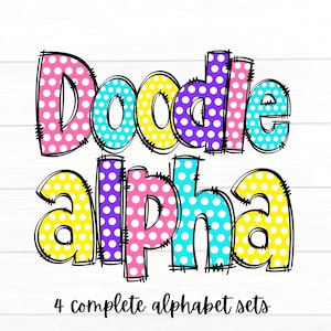 May include: Doodle Alpha, a colorful graphic design featuring the word "Doodle Alpha" in a playful, hand-drawn style. Each letter is filled with polka dots in pink, yellow, purple, and blue.