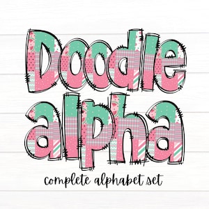 Könnte beinhalten: Doodle-Alphabetsatz mit einem Wassermelonenmuster in Rosa und Grün. Die Buchstaben sind schwarz umrandet und haben einen genähten Look. Der Text "complete alphabet set" befindet sich unter den Buchstaben.