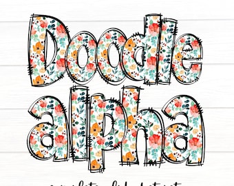 Floral Doodle Letters, Watercolor Flowers Alpha Set, Alphabet PNG Set, Sublimation Design, Orange Floral Alpha Doodle, Alphabet Letters