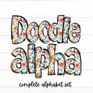 Floral Doodle Letters, Watercolor Flowers Alpha Set, Alphabet PNG Set, Sublimation Design, Orange Floral Alpha Doodle, Alphabet Letters