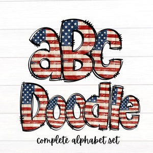 Rustic Flag Doodle Letters PNG Bundle, Patriotic USA Flag Doodle Letters, Hand Drawn Alphabet Doodle, Sublimation Design, Alpha Set