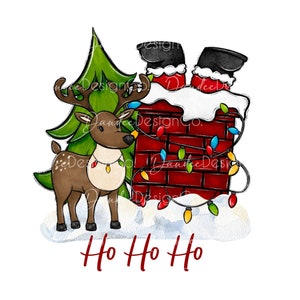 May include: A cartoon reindeer with brown fur and antlers is looking at a brick chimney with a white snowy top. Santa's legs are sticking out of the chimney. The chimney is decorated with colorful Christmas lights. The text "Ho Ho Ho" is written below the chimney.