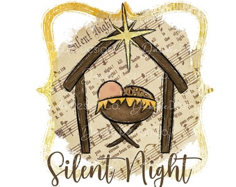 Silent Night PNG, Silent Night Presepe sublimazione design, Natale PNG, Gesù Bambino, Spartiti Antichi, Scena Presepile