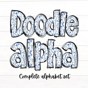 Letras de doodle floral, conjunto alfa de flores azuis e brancas, conjunto de alfabeto PNG, design de sublimação, doodle alfa de primavera, letras do alfabeto