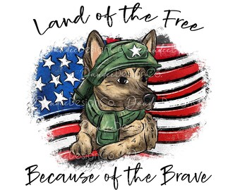 PNG patriótico, diseño de sublimación del 4 de julio, perro militar PNG, tierra de los libres debido a los valientes PNG, diseño del 4 de julio, perro soldado