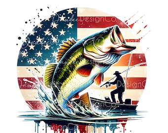 Bass Fish PNG, Sublimation Design, Large Mouth Bass Design, Bass on American Flag Background, Jumping Bass PNG, Fisherman, Digital Download