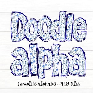 Letras de Doodle Floral, Conjunto Alfa de Flores Azuis e Brancas, Conjunto PNG de Alfabeto, Design de Sublimação, Doodle Alfa de Primavera, Letras do Alfabeto