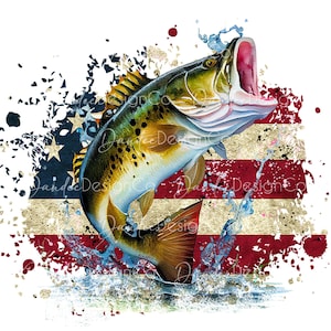 May include: A largemouth bass leaps out of the water, mouth open, against a distressed American flag background with blue, red, and white colours. The fish is in focus, and the background is blurred.