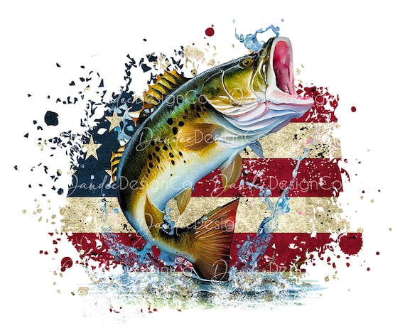 Bass Fish PNG, Sublimation Design, Large Mouth Bass Design, Bass on American Flag Background, Jumping Bass PNG, Fisherman, Digital Download