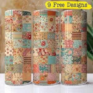 May include: Three stainless steel tumblers with a patchwork design featuring various floral patterns in shades of blue, pink, and green. The tumblers are arranged in a row on a white surface. The text "9 Free Designs" is visible at the top of the image.