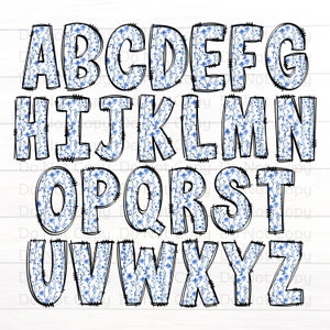 Floral Doodle Letters, Blue and White Flowers Alpha Set, Alphabet PNG Set, Sublimation Design, Spring Alpha Doodle, Alphabet Letters image 3