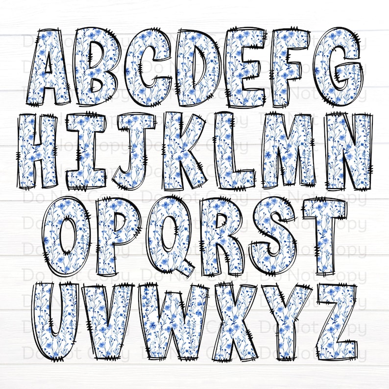 Floral Doodle Letters, Blue and White Flowers Alpha Set, Alphabet PNG Set, Sublimation Design, Spring Alpha Doodle, Alphabet Letters image 3