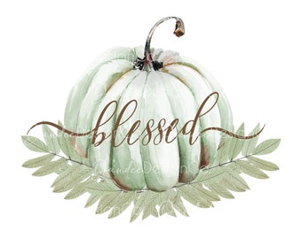 May include: A watercolor painting of a green pumpkin with the word "blessed" written in brown cursive on it. The pumpkin is surrounded by green leaves.