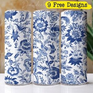 Blue and White Floral 20oz Tumbler Design, Tumbler Sublimation Design, Skinny, Straight Tumbler PNG, Blue and White Toile, Tumbler Wrap